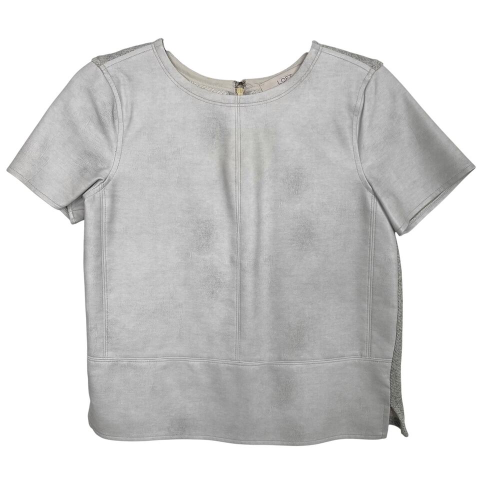 LOFT Faux Leather Front Metallic Tweed Back Top Gray XSmall Short Sleeve Blouse